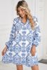 Blue Boho Floral Embroidered Notch V Neck Mini Dress