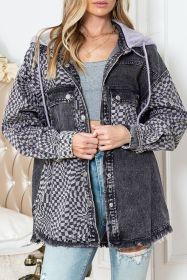 Gray Checked Patchwork Raw Hem Hooded Denim Jacket (size: (US 8-10)M)