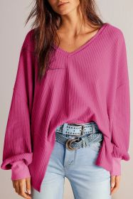 Bright Pink Waffle V Neck Drop Shoulder Long Sleeve Loose Top (size: (US 8-10)M)