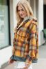 Orange Plaid Patchwork Frayed Trim Snap Button Hooded Jacket