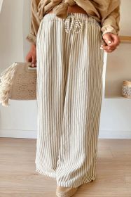 Khaki Striped Drawstring Waist Plus Size Wide Leg Pants (size: (US 22W-24W)3X)