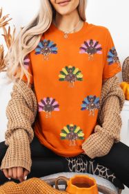 Orange Colorful Sequin Turkey Thanksgiving Graphic Tee (size: (US 12-14)L)