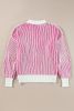 Bright Pink Striped Contrast Trim Loose Sweater