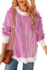 Bright Pink Striped Contrast Trim Loose Sweater