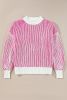 Bright Pink Striped Contrast Trim Loose Sweater