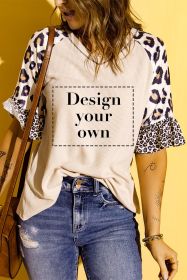 Blank T Shirt - Blush Pink and Cheetah Print Ruffle Short Sleeve V Neck T Shirt Customized (size: (US 18-20)2XL)