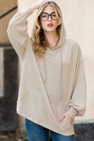 Apricot Khaki Crinkle Rib Kangaroo Pocket Oversized Hoodie (size: (US 8-10)M)