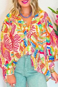 Orange Abstract Printed Long Sleeve Oversized Button Shirt (size: (US 12-14)L)