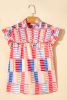 Multicolour Stripe Smocked Ruffle Sleeveless Stand Neck Blouse