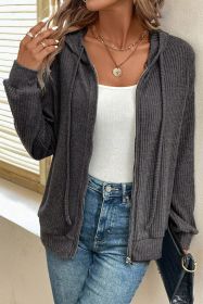 Dark Grey Ribbed Zip Front Drawstring Hoodie (size: (US 12-14)L)