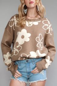 Camel 60s Floral Print Ribbed Contrast Sweater (size: (US 8-10)M)