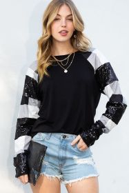 Black Sequin Plaid Patchwork Raglan Sleeve Top (size: (US 8-10)M)