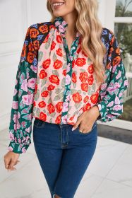 Red Colorblock Floral Print Puff Sleeve Shirt (size: (US 8-10)M)