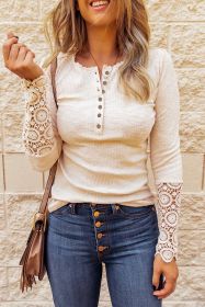 Beige Ribbed Lace Crochet Long Sleeve Henley Shirt for Women (size: (US 12-14)L)