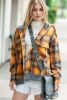 Orange Plaid Patchwork Frayed Trim Snap Button Hooded Jacket
