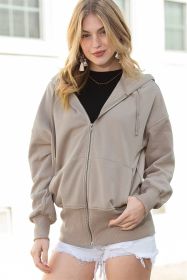 Brown Plain Pockets Zip Up Drawstring Hoodie (size: (US 8-10)M)