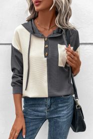 Dark Grey Waffle Colorblock Button Drawstring Hoodie (size: (US 8-10)M)
