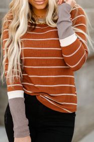 Brown Contrast Spliced Colorblock Cuffed Rib Knit Top (size: (US 12-14)L)