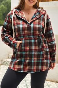 Red Plus Size Plaid Kangaroo Pocket Drawstring Hoodie (size: (US 18-20)2X)