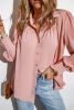 Pink Solid Button Up Pleated Loose Puff Sleeve Shirt