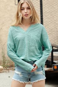 Green Textured Split V Neck Long Sleeve Top (size: (US 8-10)M)