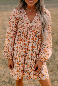 Beige Floral Smocked V Neck Bubble Sleeve Babydoll Dress (size: (US 12-14)L)
