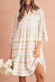 Orange Bohemian Split Neck Bracelet Sleeve Ruffle Mini Dress (size: (US 12-14)L)