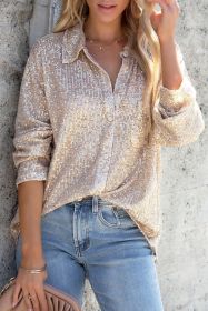 Apricot Sequin Collared Button Up Shirt (size: (US 12-14)L)