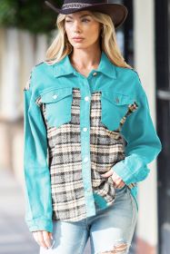 Sky Blue Plaid Patchwork Pockets Denim Jacket (size: (US 4-6)S)