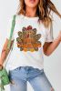 White Happy Turkey Day Leopard Print Graphic Crew Neck T Shirt