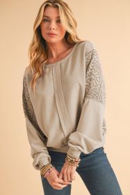Parchment Crochet Patchwork Exposed Seam Ribbed Trim Sweatshirt (size: (US 8-10)M)