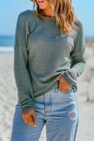 Green Waffle Knit Drop Shoulder Long Sleeve Top (size: (US 8-10)M)