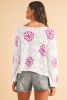 White Flower Print Drop Shoulder Hollow Knit Sweater