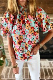 White Frilled Floral Print Puff Sleeve Mock Neck Blouse (size: (US 8-10)M)