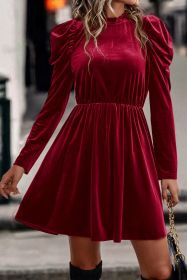 Red Dahlia Velvet Frilled Neck Gigot Sleeve Swing Dress (size: (US 8-10)M)