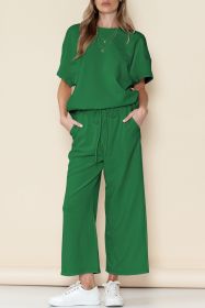 Dark Green Textured Loose Fit T Shirt and Drawstring Pants Set (size: (US 8-10)M)