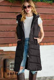 Black Hooded Pocketed Quilted Long Vest Coat (size: (US 12-14)L)