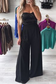 Black Sequin Tube Top Floor Length Wide Leg Jumpsuit (size: (US 4-6)S)