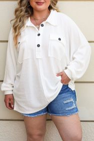 White Plus Size Long Sleeve Flap Pocket Henley Top (size: (US 22-24)3X)