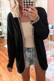 Black Waffle Knit Leopard Contrast Open Front Cardigan (size: (US 8-10)M)