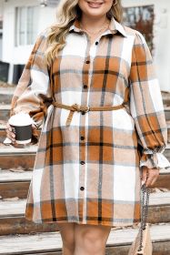 Khaki Plus Size Plaid Flounce Sleeve Button Up Shirt Dress (size: (US 22W-24W)3X)