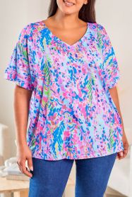Sky Blue Plus Size Plant Print V Neck T-shirt (size: (US 22-24)3X)