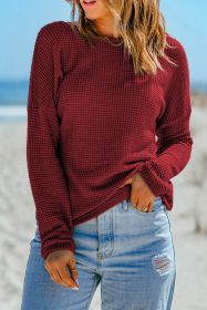 Red Solid Color Waffle Knit Drop Shoulder Long Sleeve Top (size: (US 8-10)M)