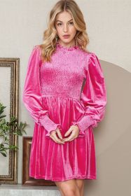 Rose Red Smocked Lantern Sleeve Frilled Velvet Dress (size: (US 4-6)S)
