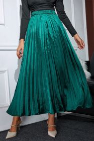 Blackish Green Satin Elastic Waist Pleated Maxi Skirt (size: (US 4-6)S)