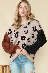 Coffee Leopard Print Patchwork Pullover Sweater (size: (US 4-6)S)