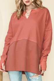 Mineral Red Waffle Knit Patchwork Exposed Seam Long Sleeve Top (size: (US 8-10)M)