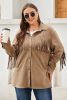 Khaki Fringe Trim Plus Size Suede Shacket