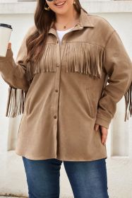 Khaki Fringe Trim Plus Size Suede Shacket (size: (US 22-24)3X)