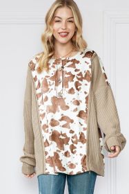 Apricot Animal Print Knitted Sleeve Patchwork Henley Top (size: (US 8-10)M)